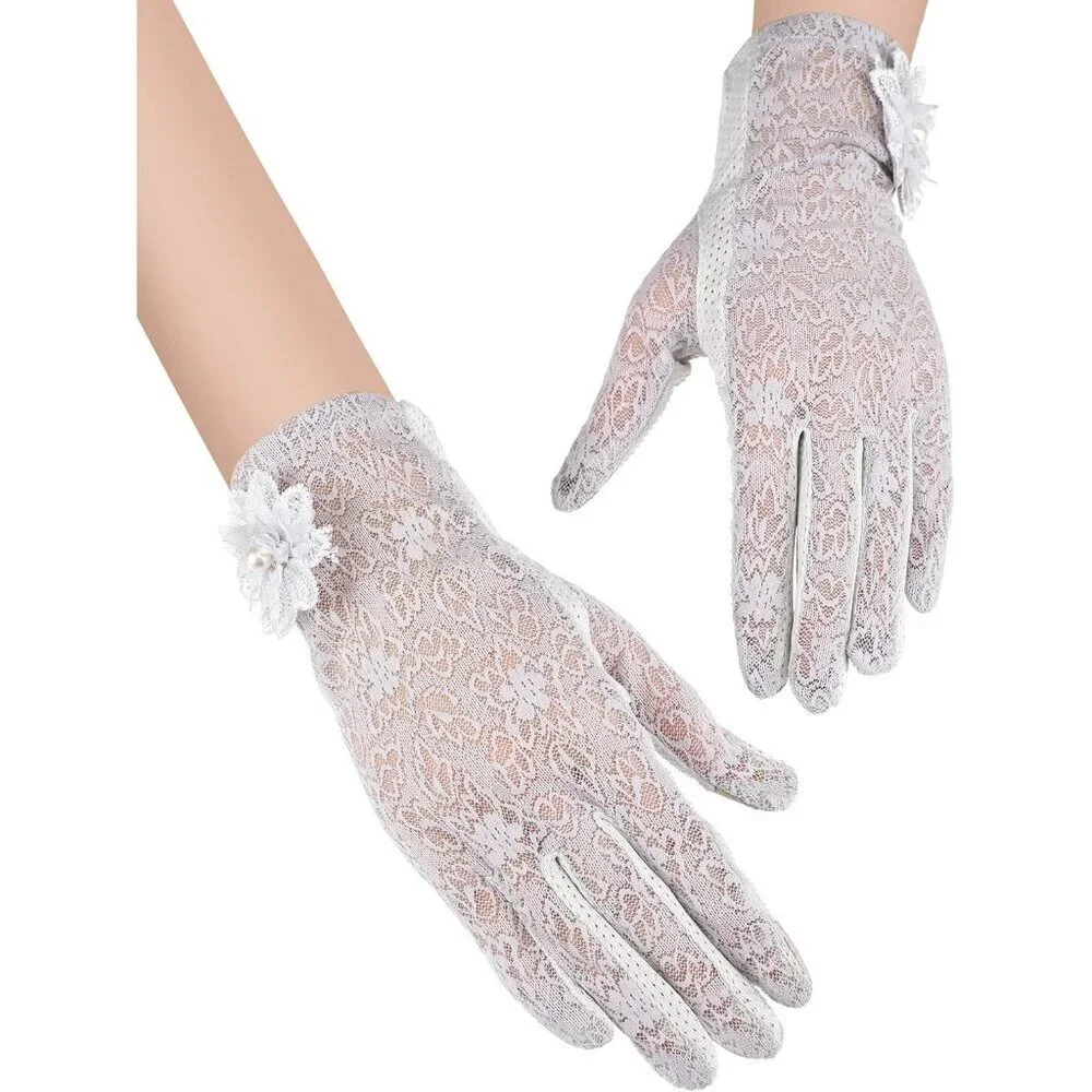 Women's Gray Fingerless Floral Short Lace Gloves Party Tea Halloween Wedding